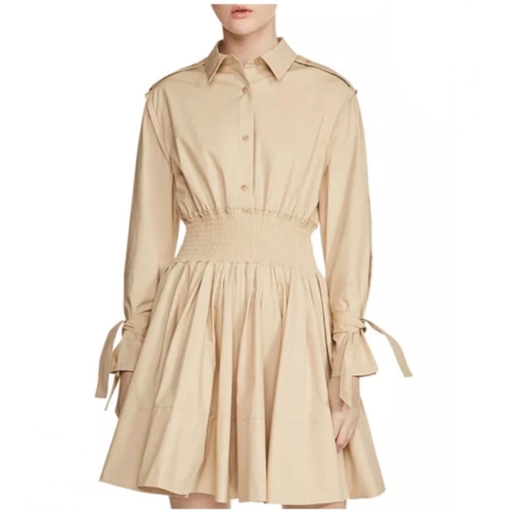 Maje Ralix Tie-Cuff Shirt Dress - Smocked Waist -  Size 3